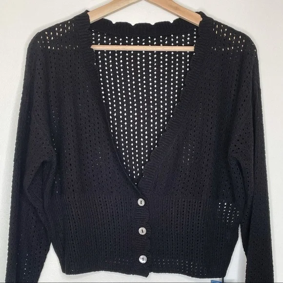 J.ING Black Crop Cardigan Open Knit Long Sleeve V-neck Button Small Medium NWT - Picture 5 of 9